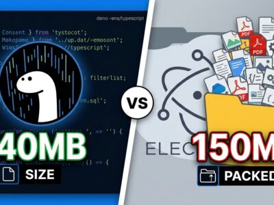Split-screen comparison showing Deno Desktop with small binary size on the left versus Electron with large binary size on the right