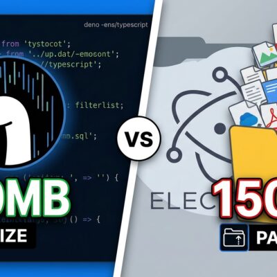 Split-screen comparison showing Deno Desktop with small binary size on the left versus Electron with large binary size on the right