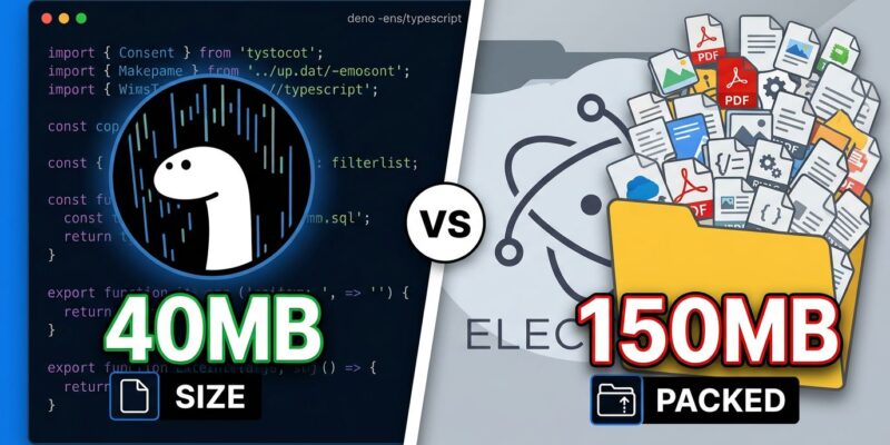 Split-screen comparison showing Deno Desktop with small binary size on the left versus Electron with large binary size on the right