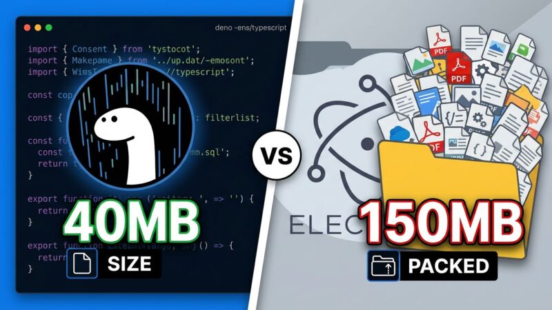 Split-screen comparison showing Deno Desktop with small binary size on the left versus Electron with large binary size on the right