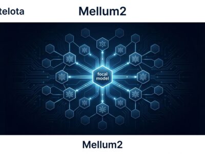 Mellum2 architecture diagram showing focal model concept with interconnected expert nodes in ByteIota blue and white color scheme