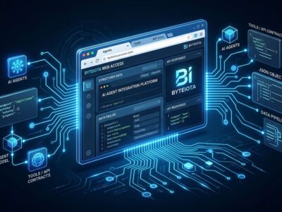 Browser window with glowing circuit connections representing WebMCP AI agent tools