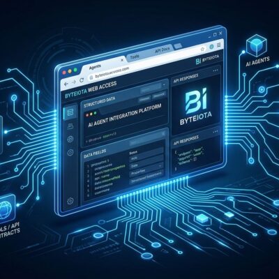 Browser window with glowing circuit connections representing WebMCP AI agent tools