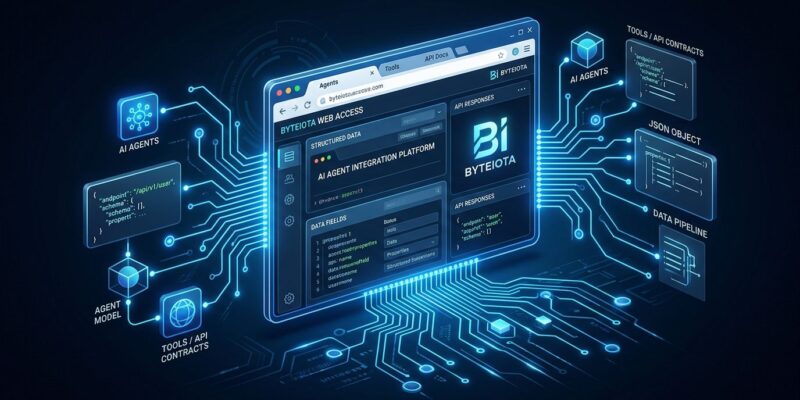 Browser window with glowing circuit connections representing WebMCP AI agent tools