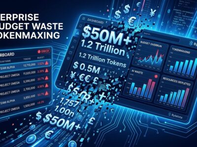 Abstract visualization of enterprise AI token budget waste — cascading data streams and broken code fragments on dark blue background
