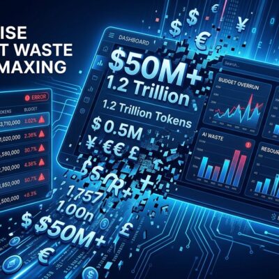 Abstract visualization of enterprise AI token budget waste — cascading data streams and broken code fragments on dark blue background
