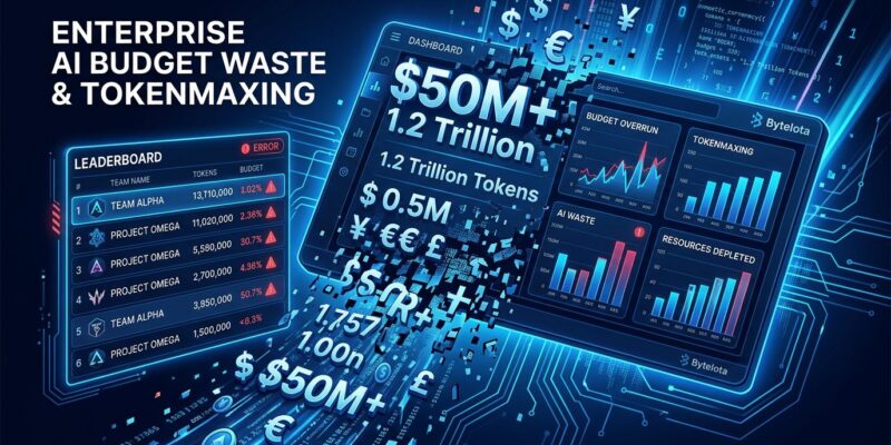 Abstract visualization of enterprise AI token budget waste — cascading data streams and broken code fragments on dark blue background