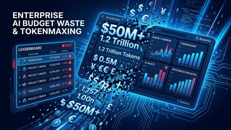 Abstract visualization of enterprise AI token budget waste — cascading data streams and broken code fragments on dark blue background