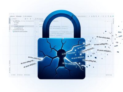 Cracked padlock symbol with API key strings leaking out, representing the JetBrains malicious plugin security breach