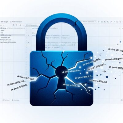 Cracked padlock symbol with API key strings leaking out, representing the JetBrains malicious plugin security breach