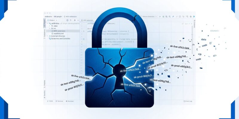 Cracked padlock symbol with API key strings leaking out, representing the JetBrains malicious plugin security breach