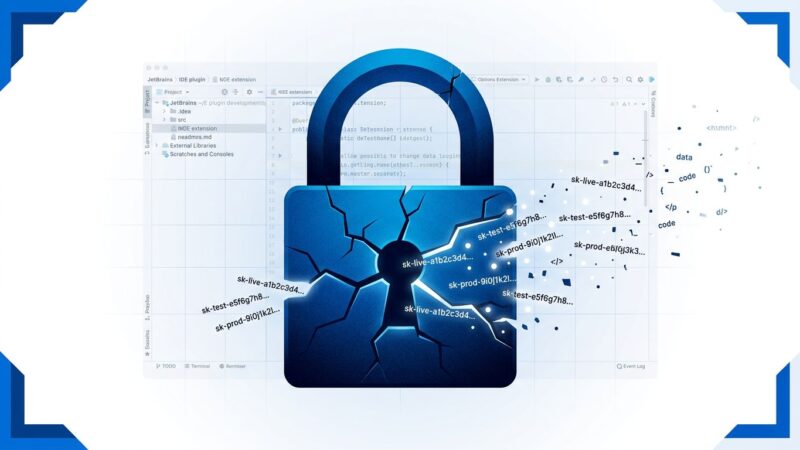 Cracked padlock symbol with API key strings leaking out, representing the JetBrains malicious plugin security breach