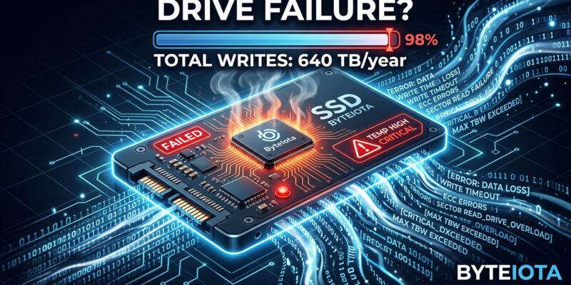 SSD with warning indicators showing OpenAI Codex excessive write bug