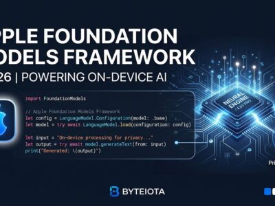 Apple Foundation Models framework for iOS 26 showing Swift code and on-device AI Neural Engine chip