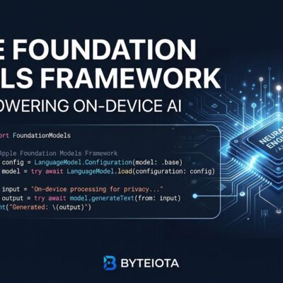 Apple Foundation Models framework for iOS 26 showing Swift code and on-device AI Neural Engine chip