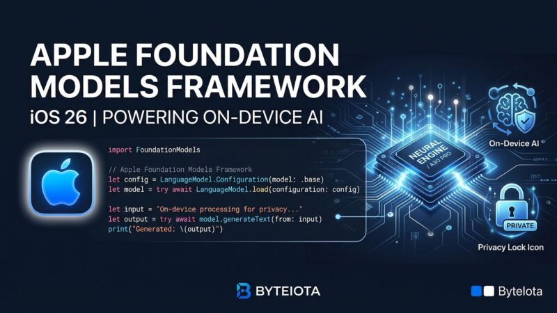 Apple Foundation Models framework for iOS 26 showing Swift code and on-device AI Neural Engine chip