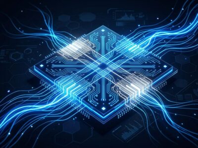 Microsoft Majorana 2 quantum chip with glowing blue topological qubit nanowires on dark background