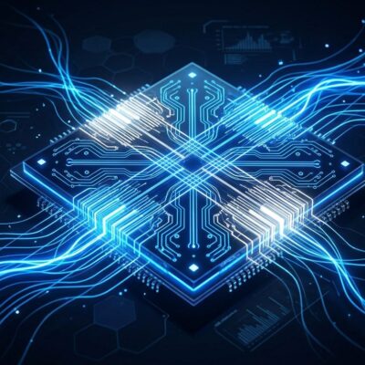 Microsoft Majorana 2 quantum chip with glowing blue topological qubit nanowires on dark background