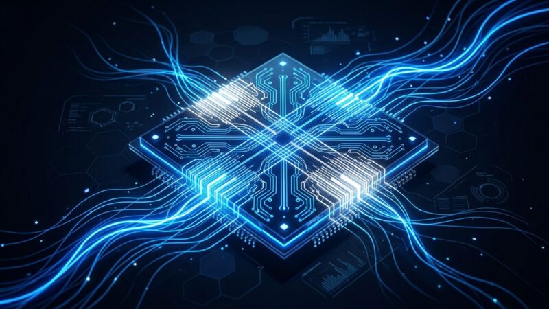 Microsoft Majorana 2 quantum chip with glowing blue topological qubit nanowires on dark background