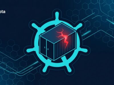 Kubernetes container escape vulnerability visualization showing a cracked container breaking out to the host node