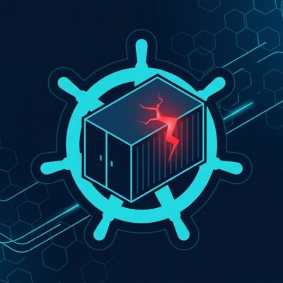 Kubernetes container escape vulnerability visualization showing a cracked container breaking out to the host node