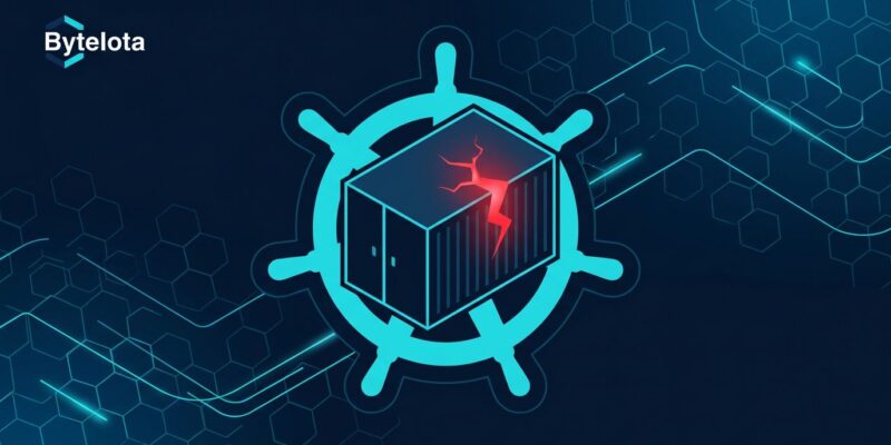 Kubernetes container escape vulnerability visualization showing a cracked container breaking out to the host node