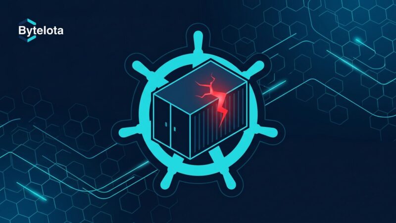 Kubernetes container escape vulnerability visualization showing a cracked container breaking out to the host node