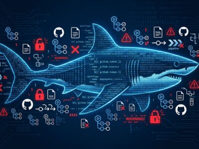 Megalodon supply chain attack targeting GitHub Actions CI/CD workflows - shark silhouette composed of code lines swimming through workflow icons