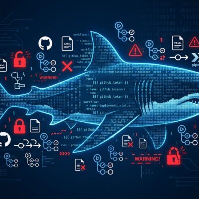 Megalodon supply chain attack targeting GitHub Actions CI/CD workflows - shark silhouette composed of code lines swimming through workflow icons