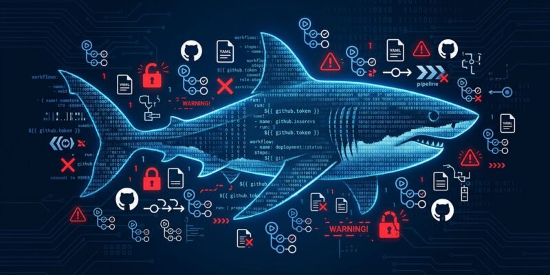 Megalodon supply chain attack targeting GitHub Actions CI/CD workflows - shark silhouette composed of code lines swimming through workflow icons