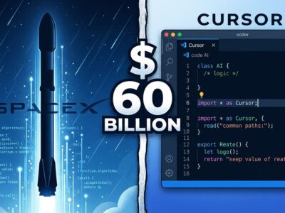 Split-screen illustration showing SpaceX rocket with code streams on left and code editor on right representing the SpaceX Cursor acquisition vendor risk for developers