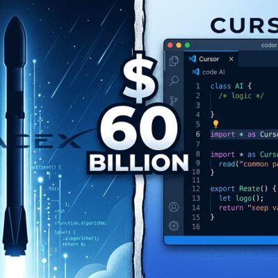 Split-screen illustration showing SpaceX rocket with code streams on left and code editor on right representing the SpaceX Cursor acquisition vendor risk for developers
