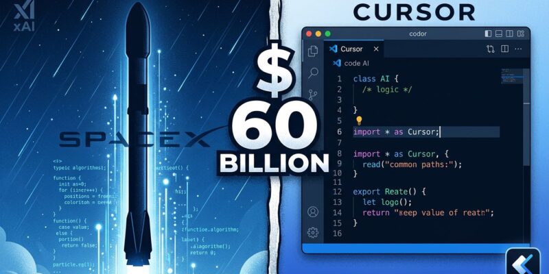 Split-screen illustration showing SpaceX rocket with code streams on left and code editor on right representing the SpaceX Cursor acquisition vendor risk for developers