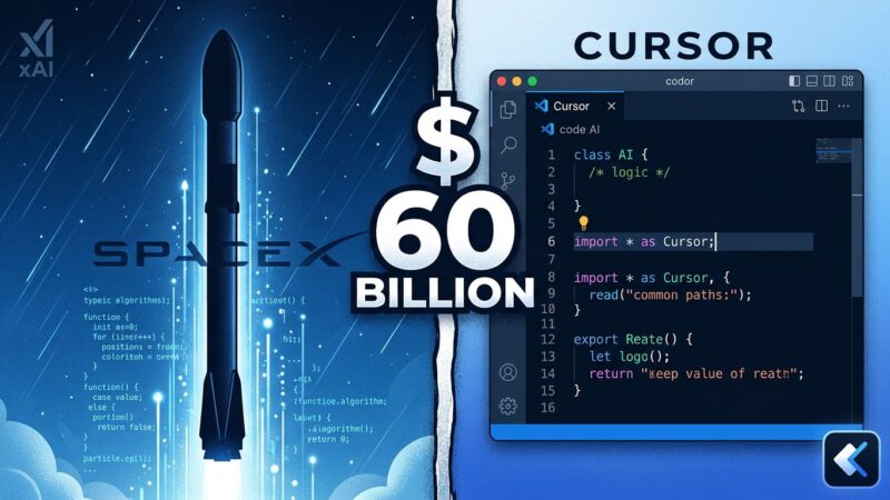Split-screen illustration showing SpaceX rocket with code streams on left and code editor on right representing the SpaceX Cursor acquisition vendor risk for developers