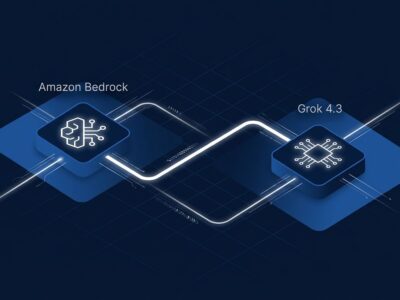 Grok 4.3 on Amazon Bedrock via Mantle inference engine - API endpoint diagram showing two connected nodes