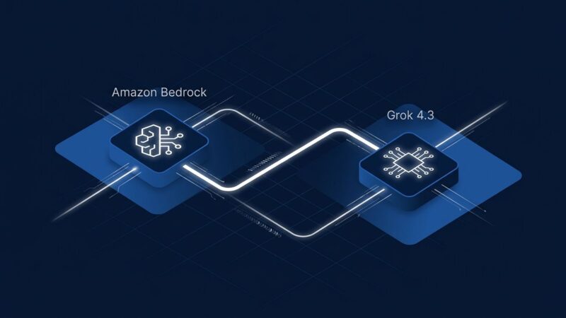 Grok 4.3 on Amazon Bedrock via Mantle inference engine - API endpoint diagram showing two connected nodes