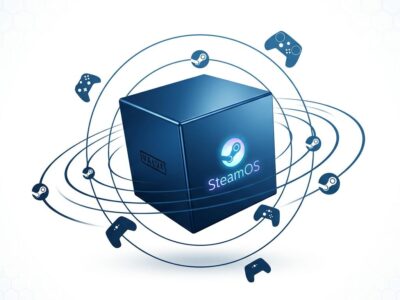 Steam Machine gaming cube console with SteamOS branding and controller silhouettes on blue and white background