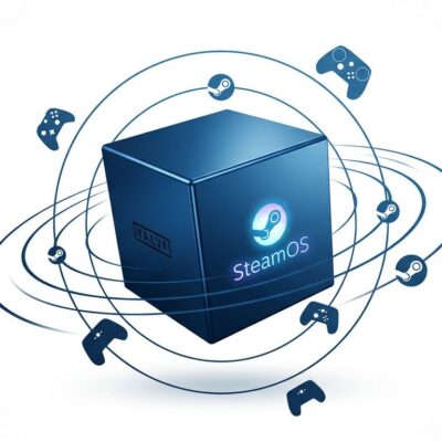 Steam Machine gaming cube console with SteamOS branding and controller silhouettes on blue and white background