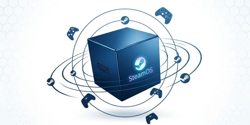 Steam Machine gaming cube console with SteamOS branding and controller silhouettes on blue and white background