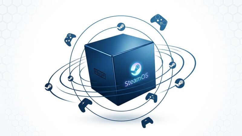 Steam Machine gaming cube console with SteamOS branding and controller silhouettes on blue and white background