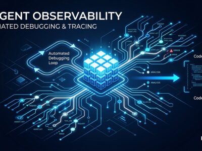 Abstract visualization of AI agent trace trees with automated debugging loop, ByteIota tech blog