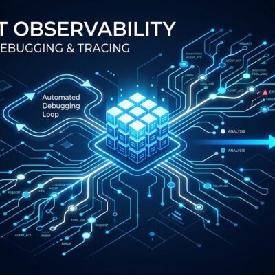 Abstract visualization of AI agent trace trees with automated debugging loop, ByteIota tech blog