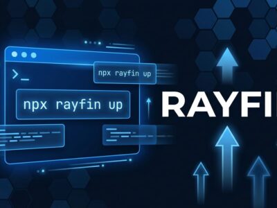 Rayfin CLI terminal showing npx rayfin up command with Microsoft Fabric hexagonal grid background in blue and white