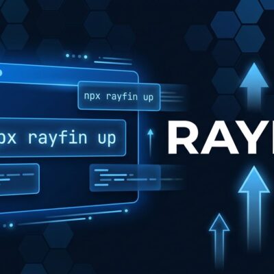 Rayfin CLI terminal showing npx rayfin up command with Microsoft Fabric hexagonal grid background in blue and white