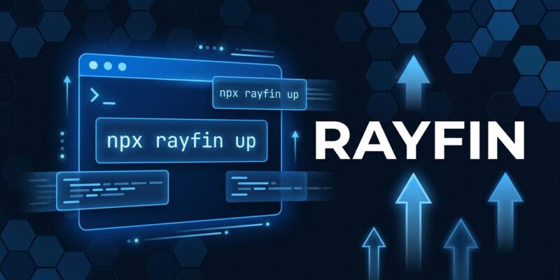 Rayfin CLI terminal showing npx rayfin up command with Microsoft Fabric hexagonal grid background in blue and white