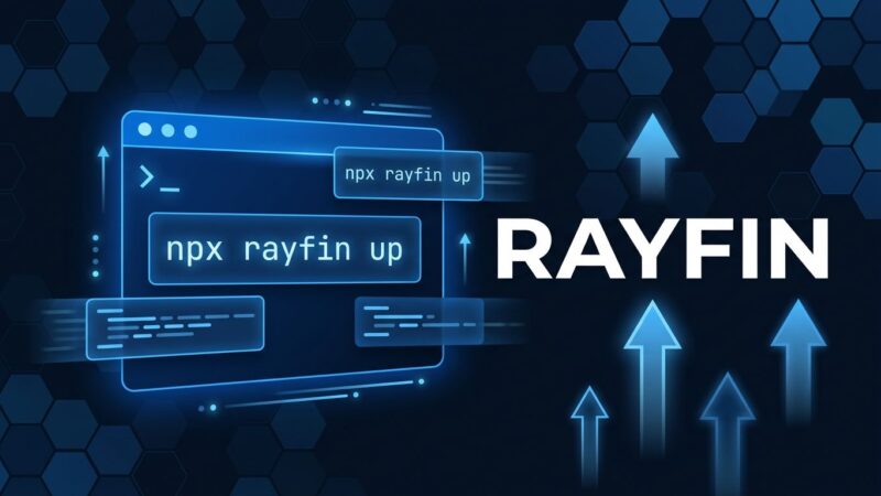 Rayfin CLI terminal showing npx rayfin up command with Microsoft Fabric hexagonal grid background in blue and white
