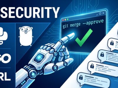 AI robotic arm submitting pull requests to open-source projects including cURL Python and Go with security merge checkmarks