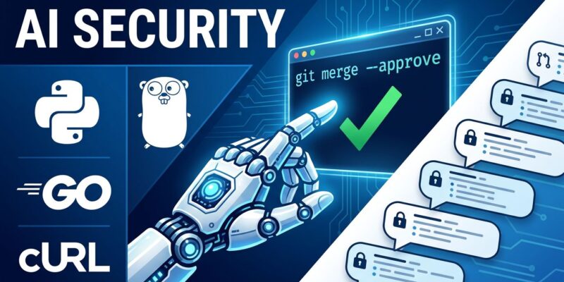 AI robotic arm submitting pull requests to open-source projects including cURL Python and Go with security merge checkmarks