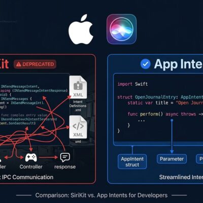 Side-by-side comparison of SiriKit INIntent code versus App Intents AppIntent struct in Swift for iOS 27 migration