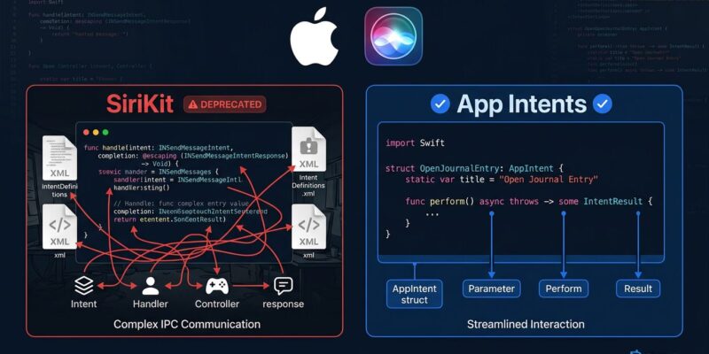 Side-by-side comparison of SiriKit INIntent code versus App Intents AppIntent struct in Swift for iOS 27 migration